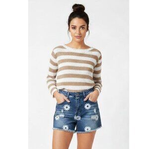 Liz Claiborne Cotton Beige and White Striped Crew Neck Sweater Women's Large